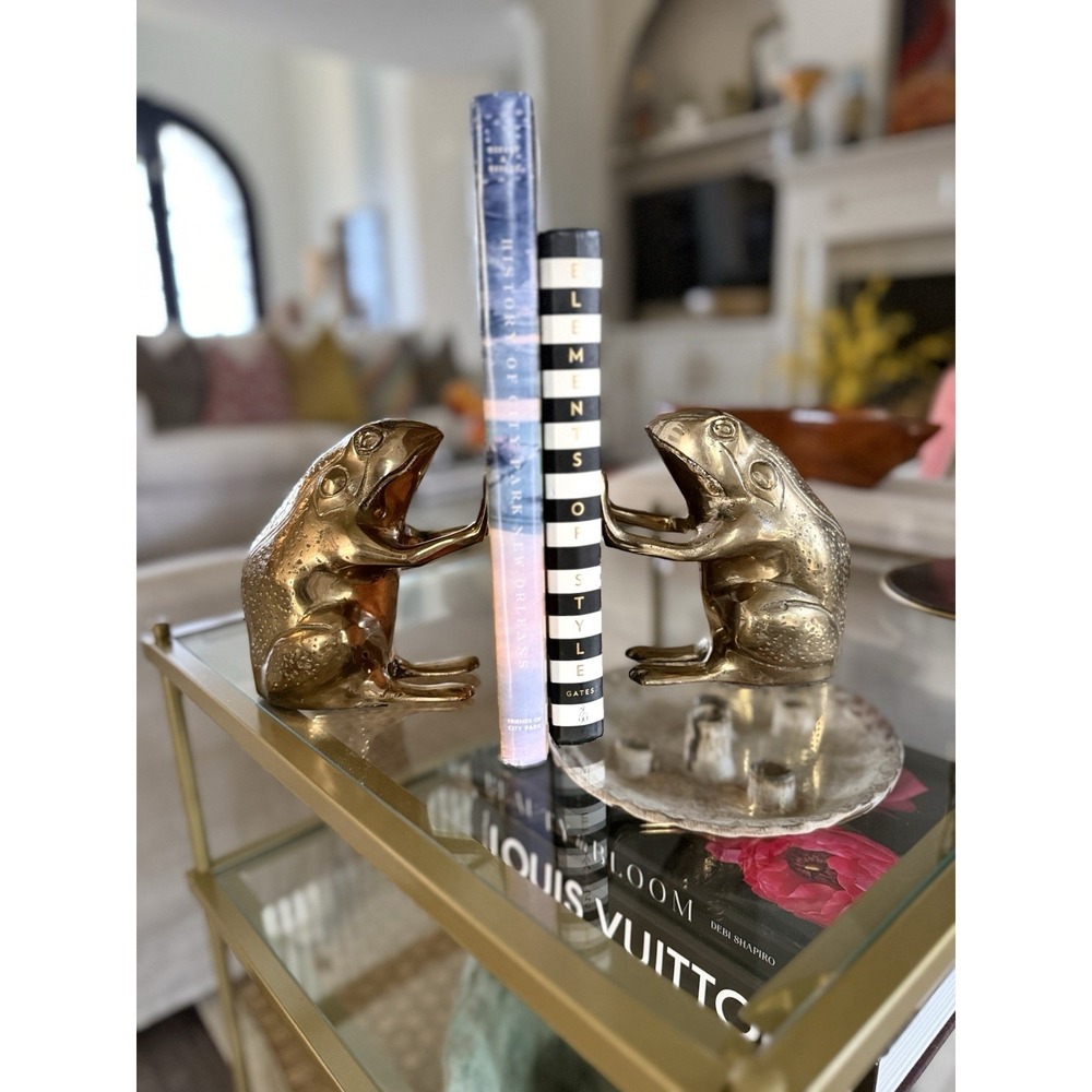 Vintage Brass Toad Frog Bookends High Five Sculptural Hollywood Regency 6"